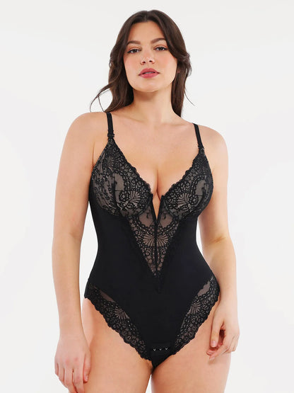 Shapewear Deep V-Neck Lace Sculpting Thong Bodysuit