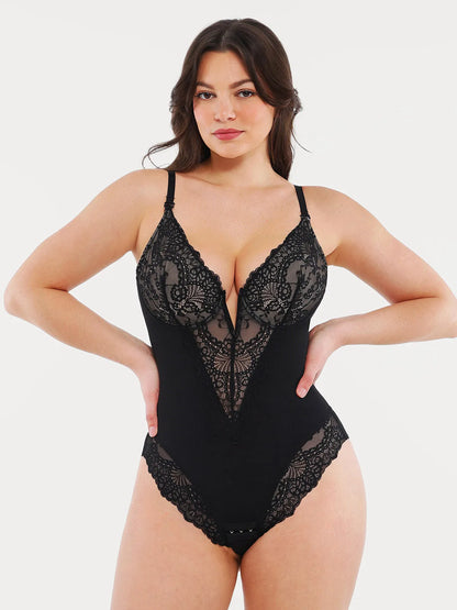 Shapewear Deep V-Neck Lace Sculpting Thong Bodysuit