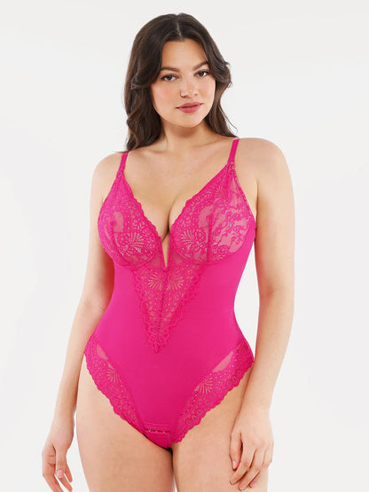 Shapewear Deep V-Neck Lace Sculpting Thong Bodysuit