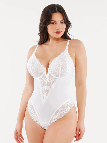 Shapewear Deep V-Neck Lace Sculpting Thong Bodysuit