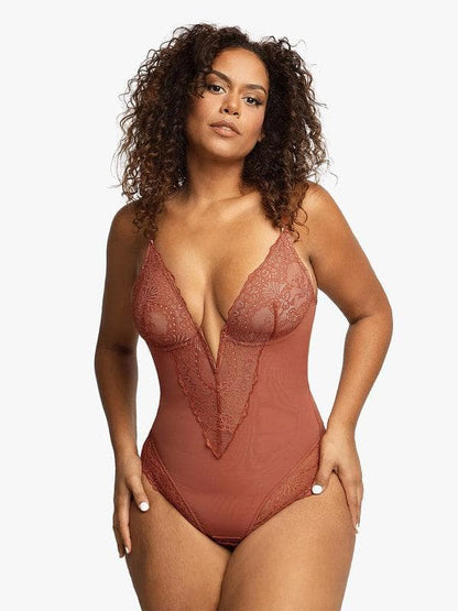 Shapewear Deep V-Neck Lace Sculpting Thong Bodysuit