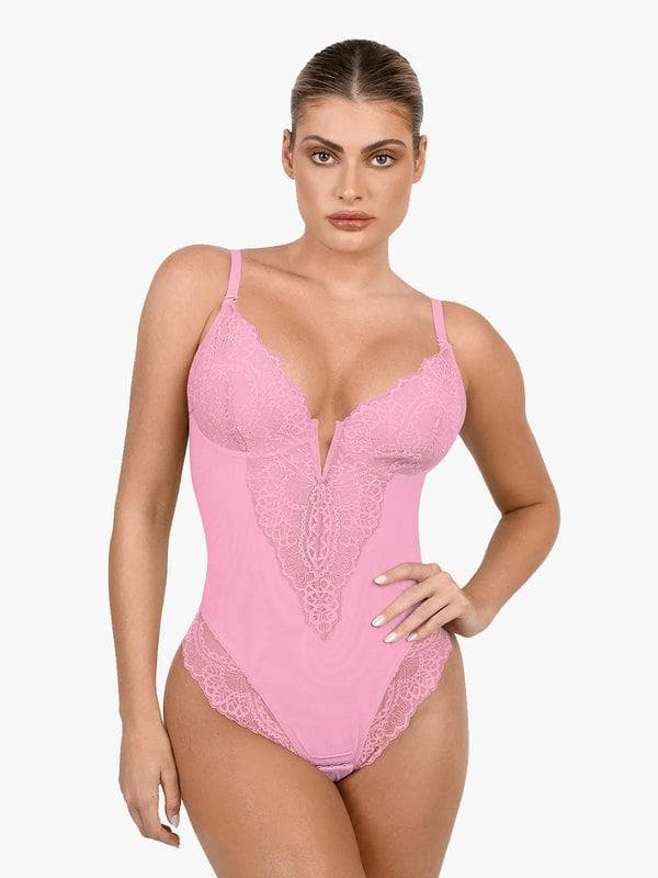 Shapewear Deep V-Neck Lace Sculpting Thong Bodysuit