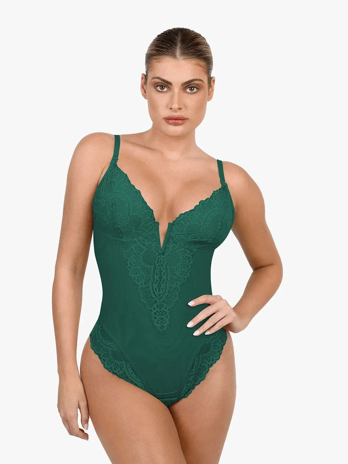 Shapewear Deep V-Neck Lace Sculpting Thong Bodysuit