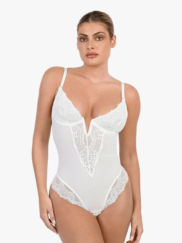 Shapewear Deep V-Neck Lace Sculpting Thong Bodysuit