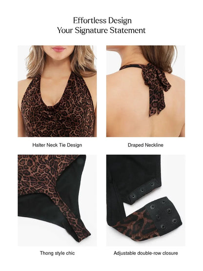 Shapewear Leopard Cowl Neck Halter Tummy Control Bodysuit