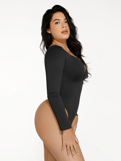 Shapewear Long Sleeve Lace Trim V-Neck Slimming Bodysuit