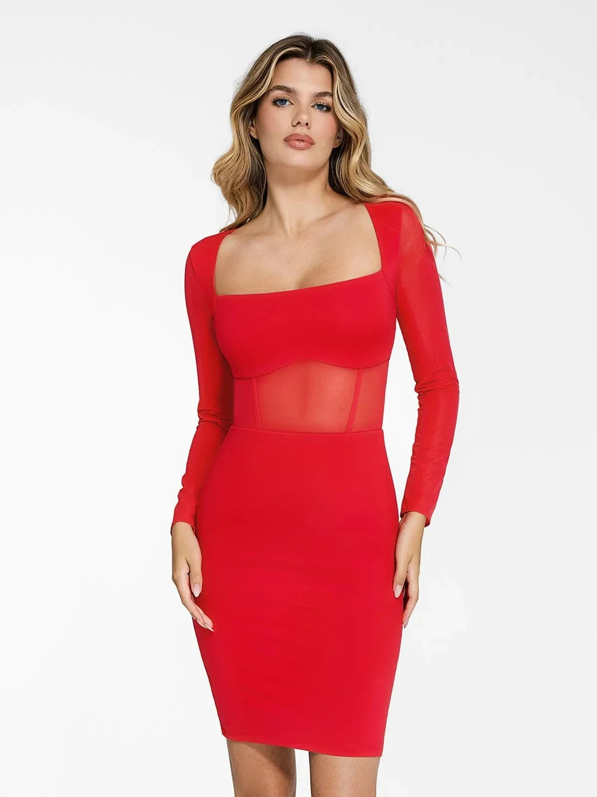 Shapewear Long Sleeve Mesh Inset Bodycon Midi Dress