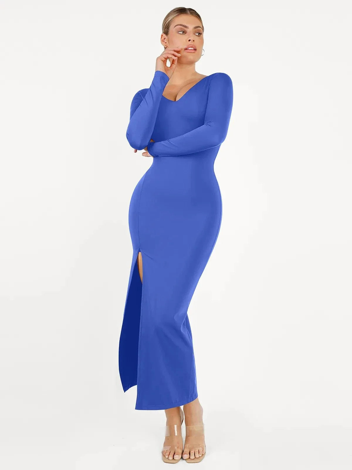 Shapewear V-Neck Low Back Long Sleeve Slimming Maxi Dress