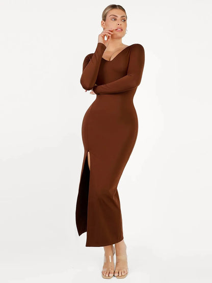 Shapewear V-Neck Low Back Long Sleeve Slimming Maxi Dress