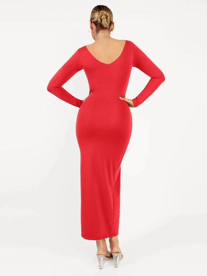 Shapewear V-Neck Low Back Long Sleeve Slimming Maxi Dress
