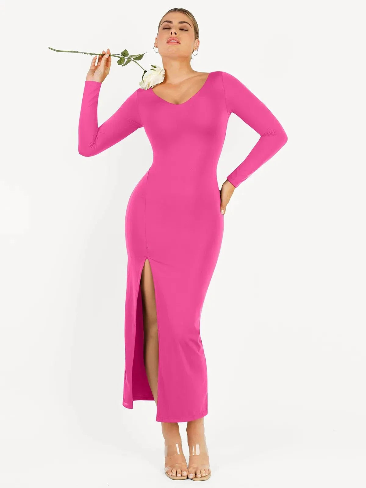Shapewear V-Neck Low Back Long Sleeve Slimming Maxi Dress