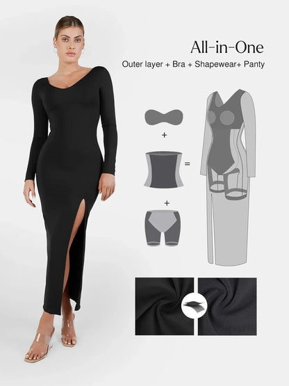 Shapewear V-Neck Long Sleeve Low Back Slimming Maxi Dress