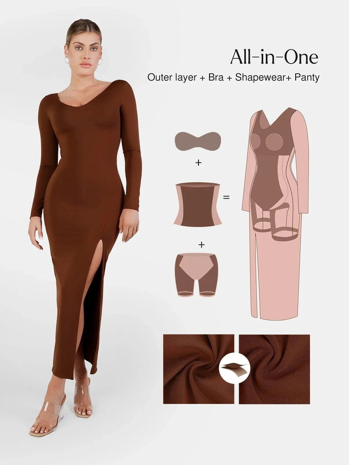 Shapewear V-Neck Low Back Long Sleeve Slimming Maxi Dress