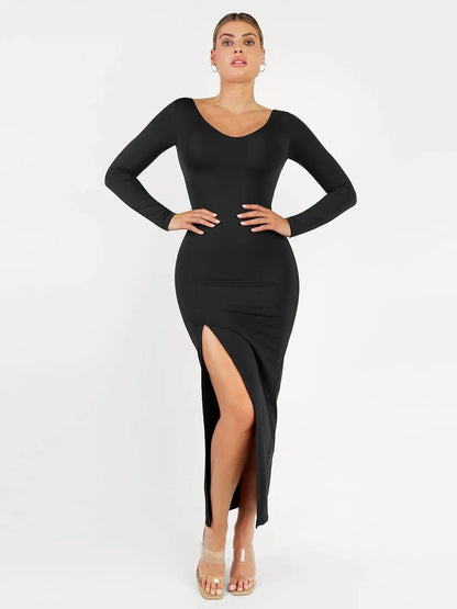 Shapewear V-Neck Low Back Long Sleeve Slimming Maxi Dress