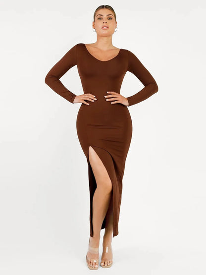 Shapewear V-Neck Low Back Long Sleeve Slimming Maxi Dress