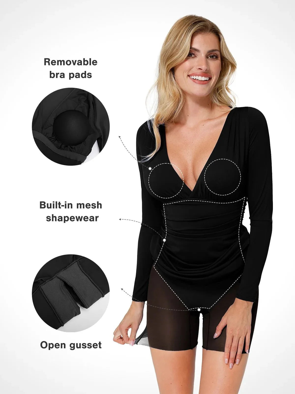 Shapewear V-Neck Long Sleeve Ruched Bodycon Midi Dress