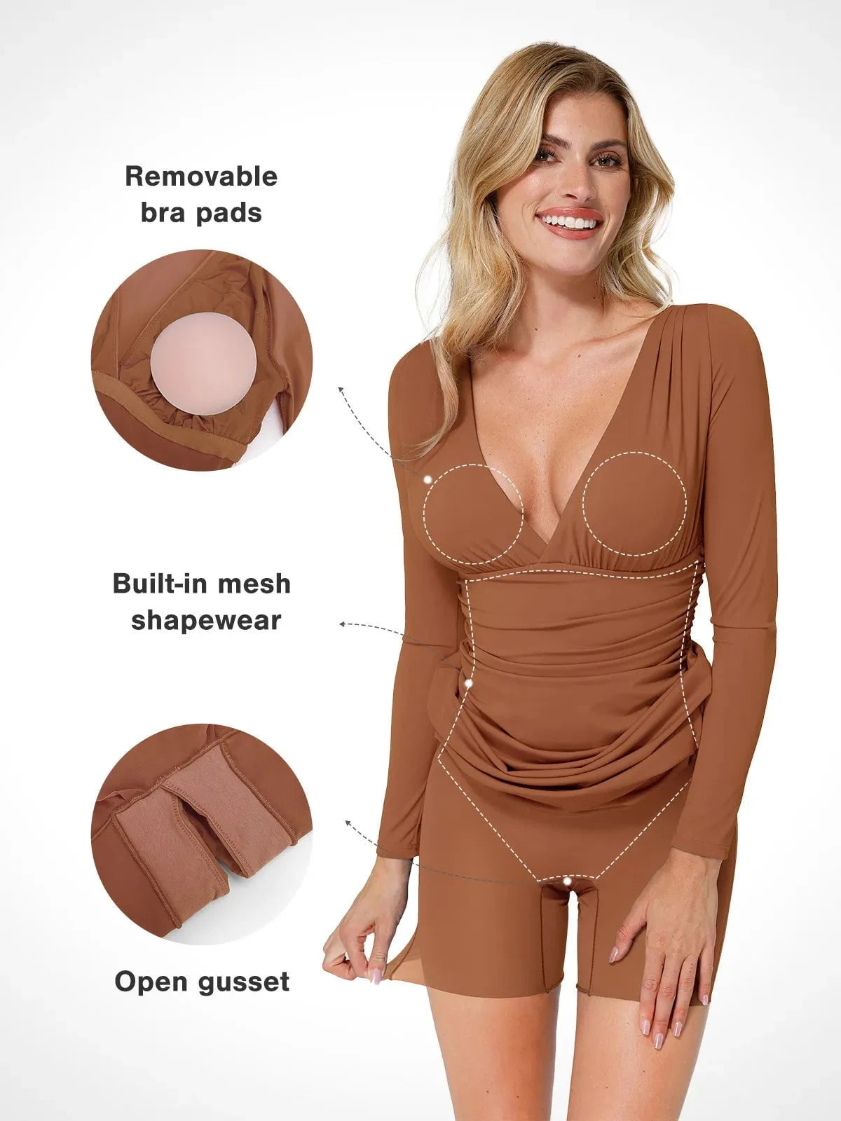 Shapewear V-Neck Long Sleeve Ruched Bodycon Midi Dress
