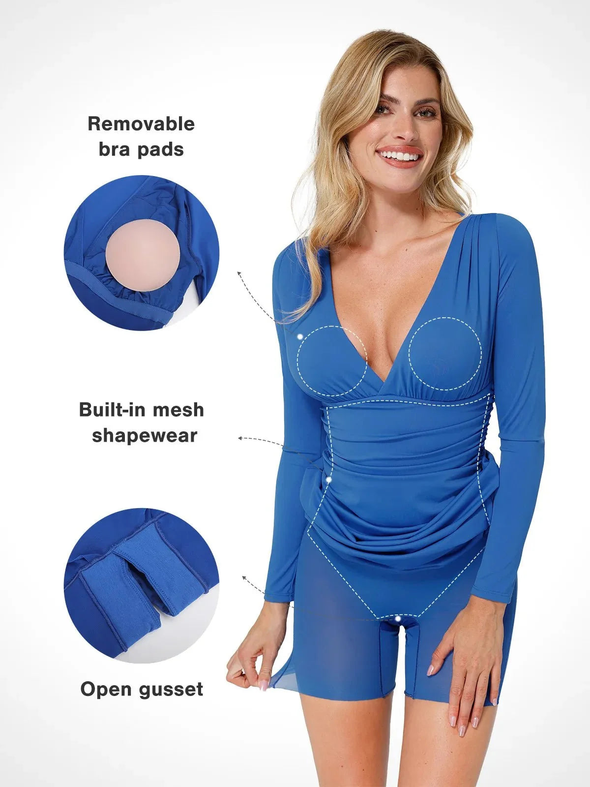 Shapewear V-Neck Long Sleeve Ruched Bodycon Midi Dress