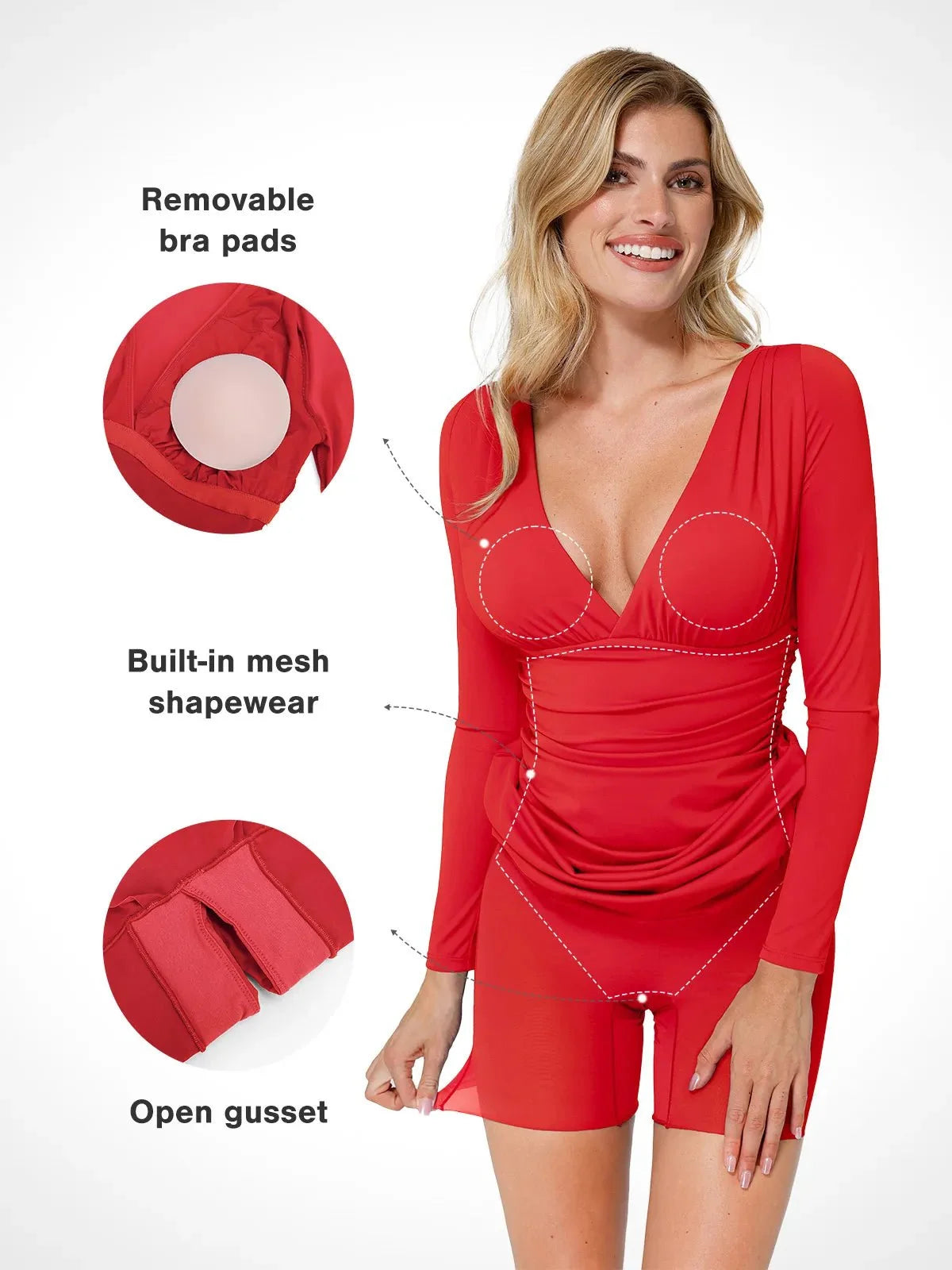 Shapewear V-Neck Long Sleeve Ruched Bodycon Midi Dress