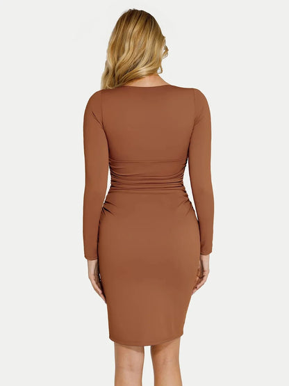 Shapewear V-Neck Long Sleeve Ruched Bodycon Midi Dress