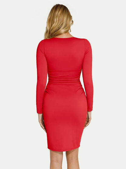 Shapewear V-Neck Long Sleeve Ruched Bodycon Midi Dress