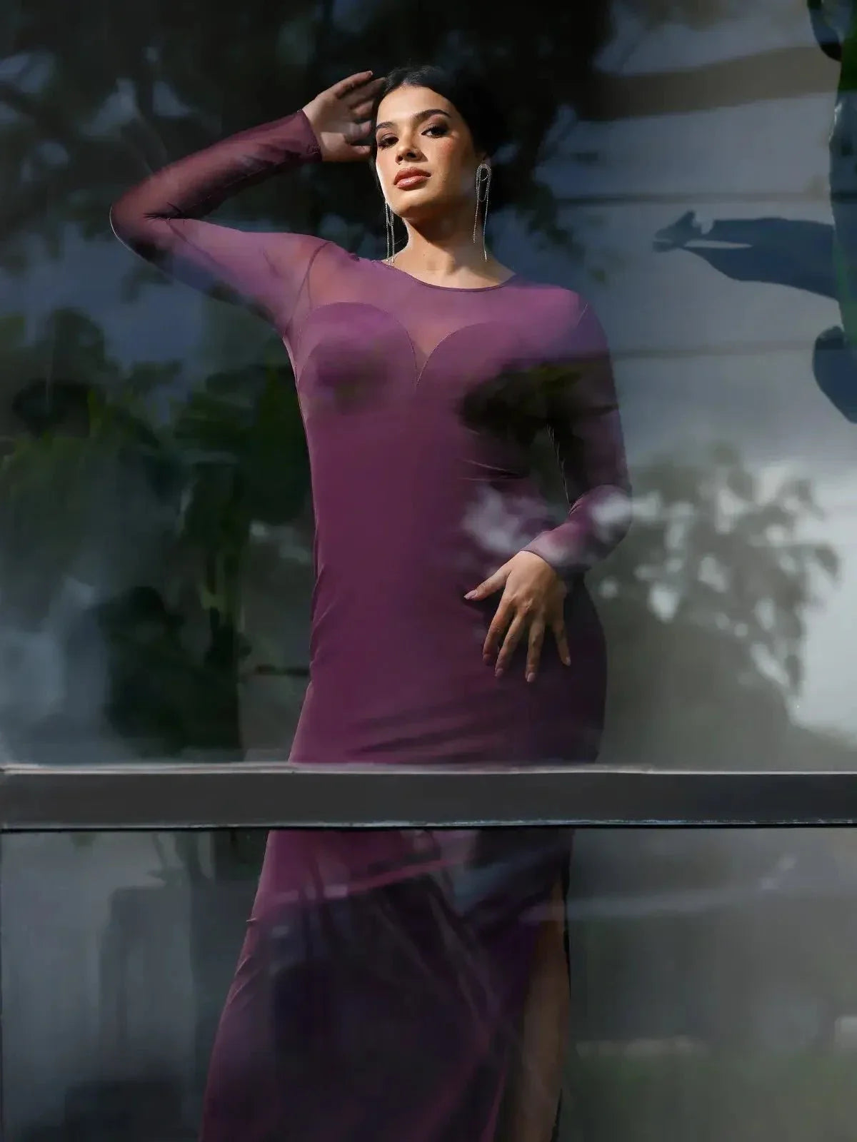 Shapewear Long Sleeve Mesh V-Back Slimming Maxi Dress