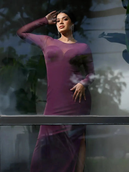 Shapewear Long Sleeve Mesh V-Back Slimming Maxi Dress