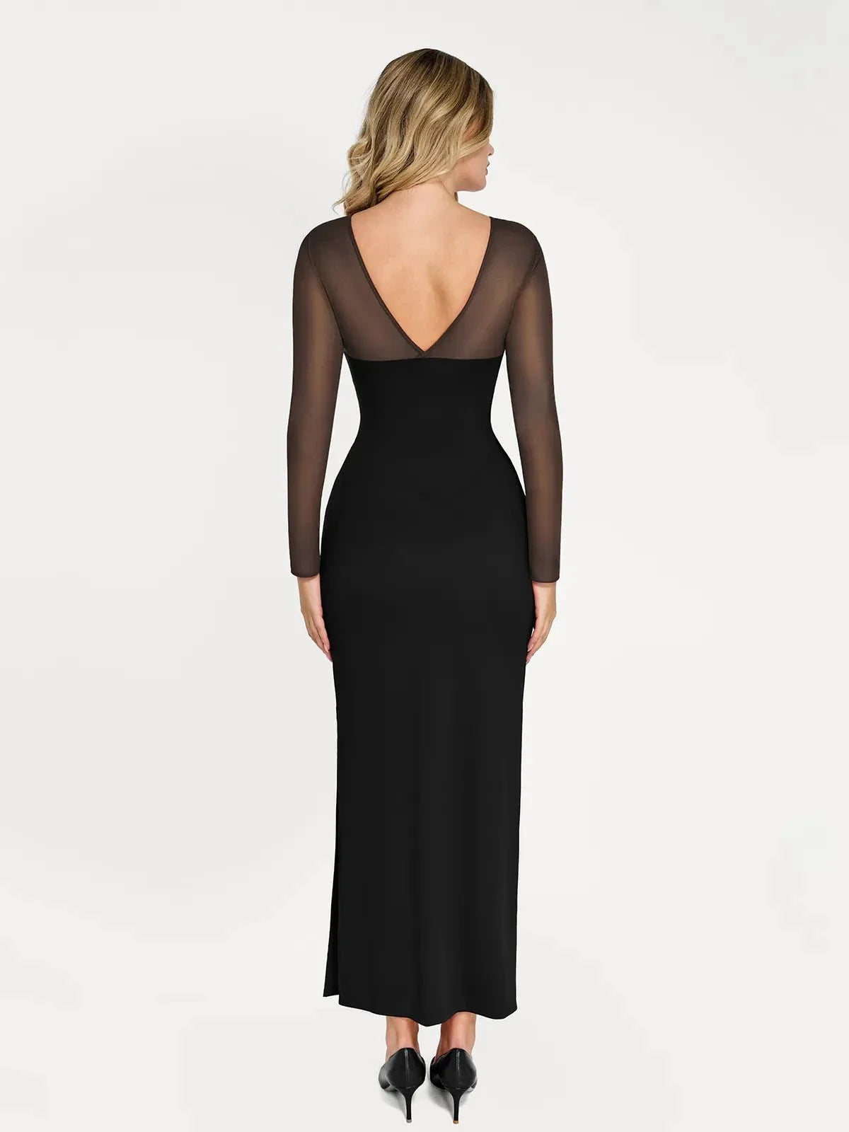 Shapewear Long Sleeve Mesh V-Back Slimming Maxi Dress