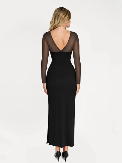 Shapewear Long Sleeve Mesh V-Back Slimming Maxi Dress
