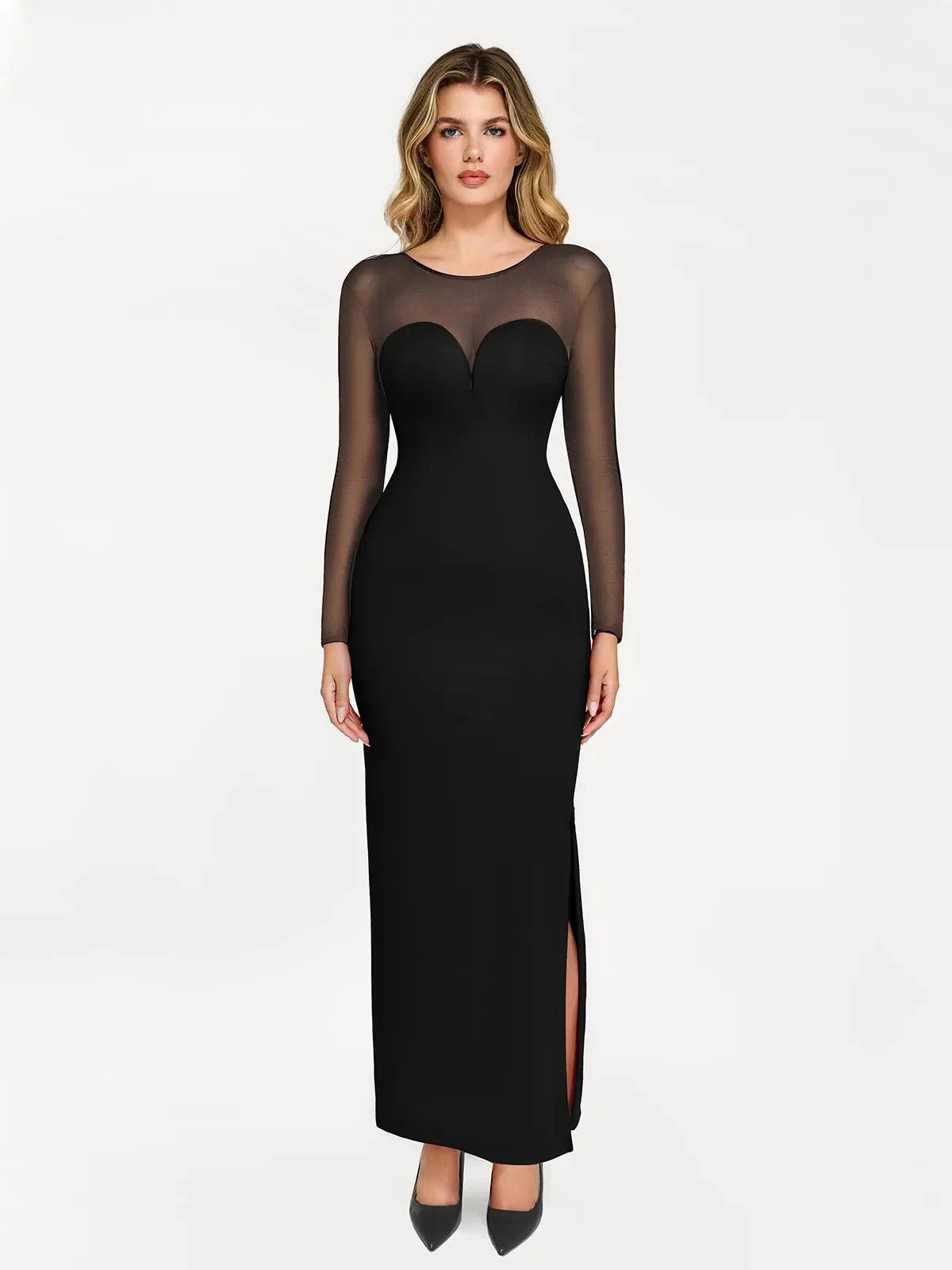 Shapewear Long Sleeve Mesh V-Back Slimming Maxi Dress
