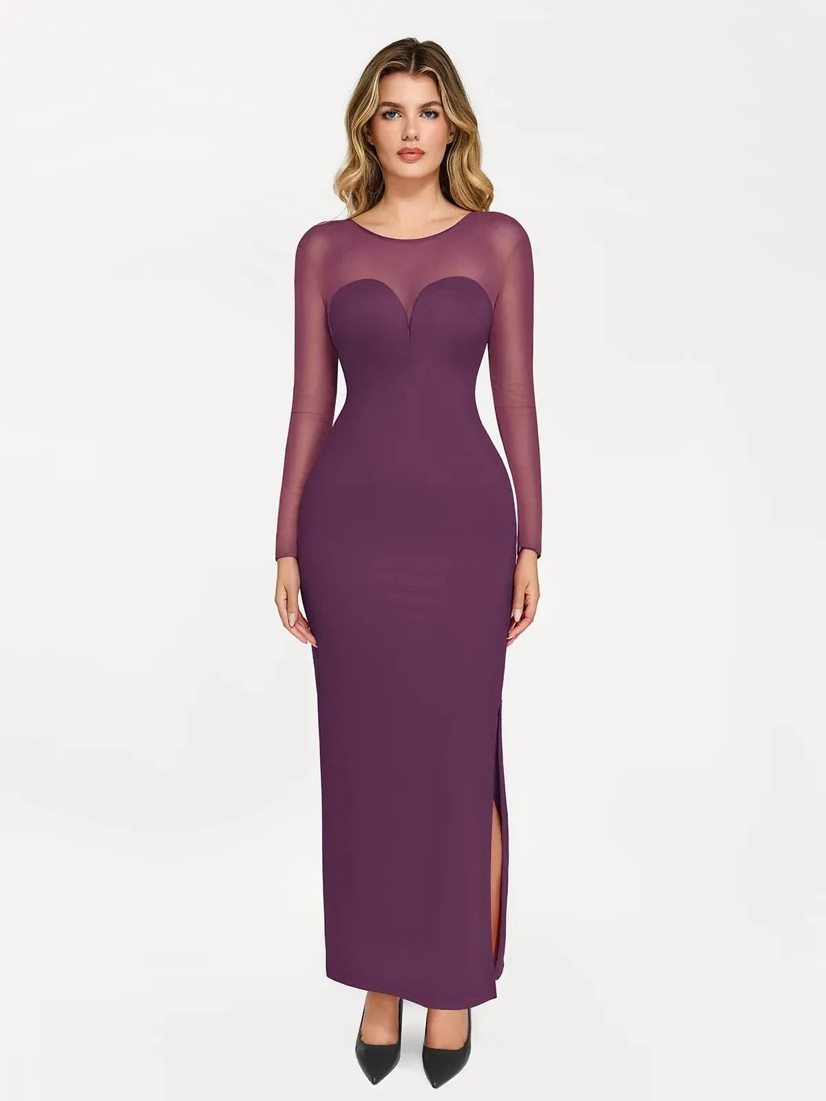 Shapewear Long Sleeve Mesh V-Back Slimming Maxi Dress