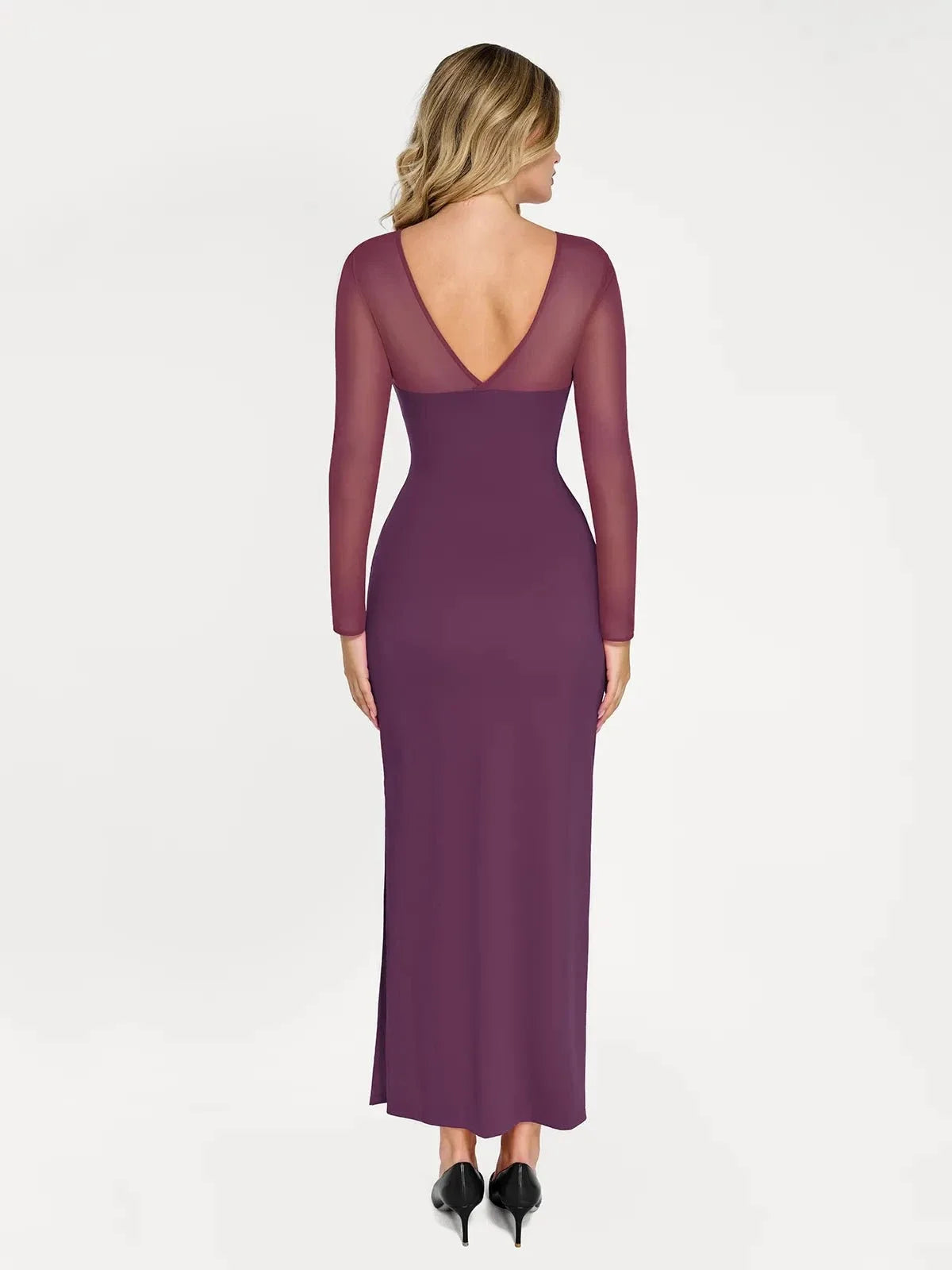 Shapewear Long Sleeve Mesh V-Back Slimming Maxi Dress