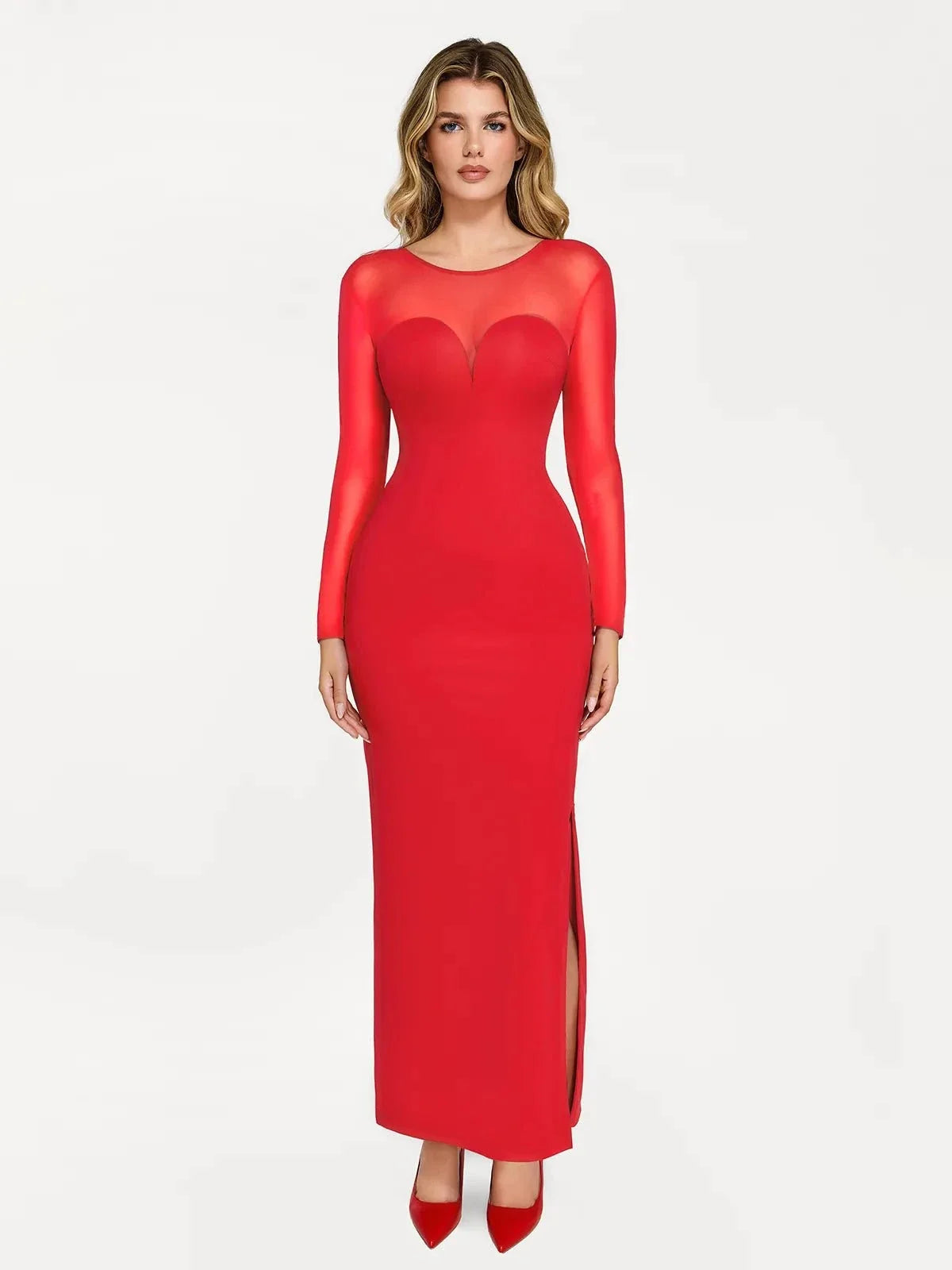 Shapewear Long Sleeve Mesh V-Back Slimming Maxi Dress