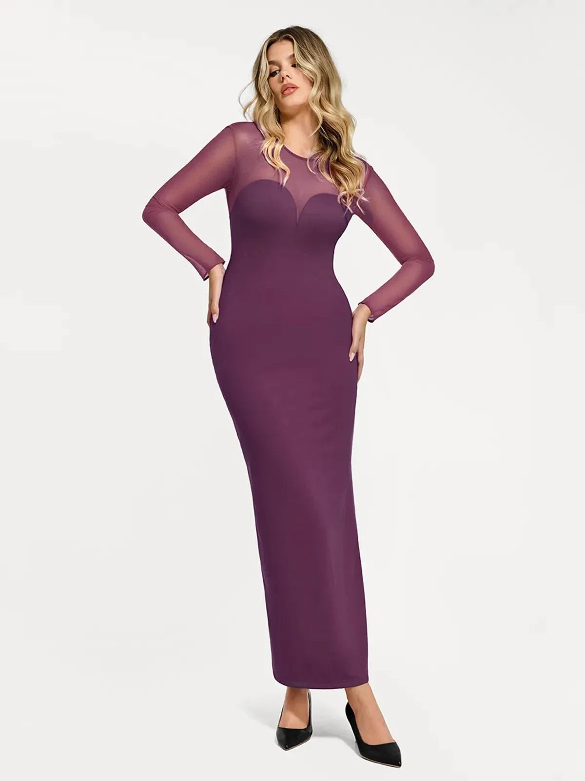 Shapewear Long Sleeve Mesh V-Back Slimming Maxi Dress