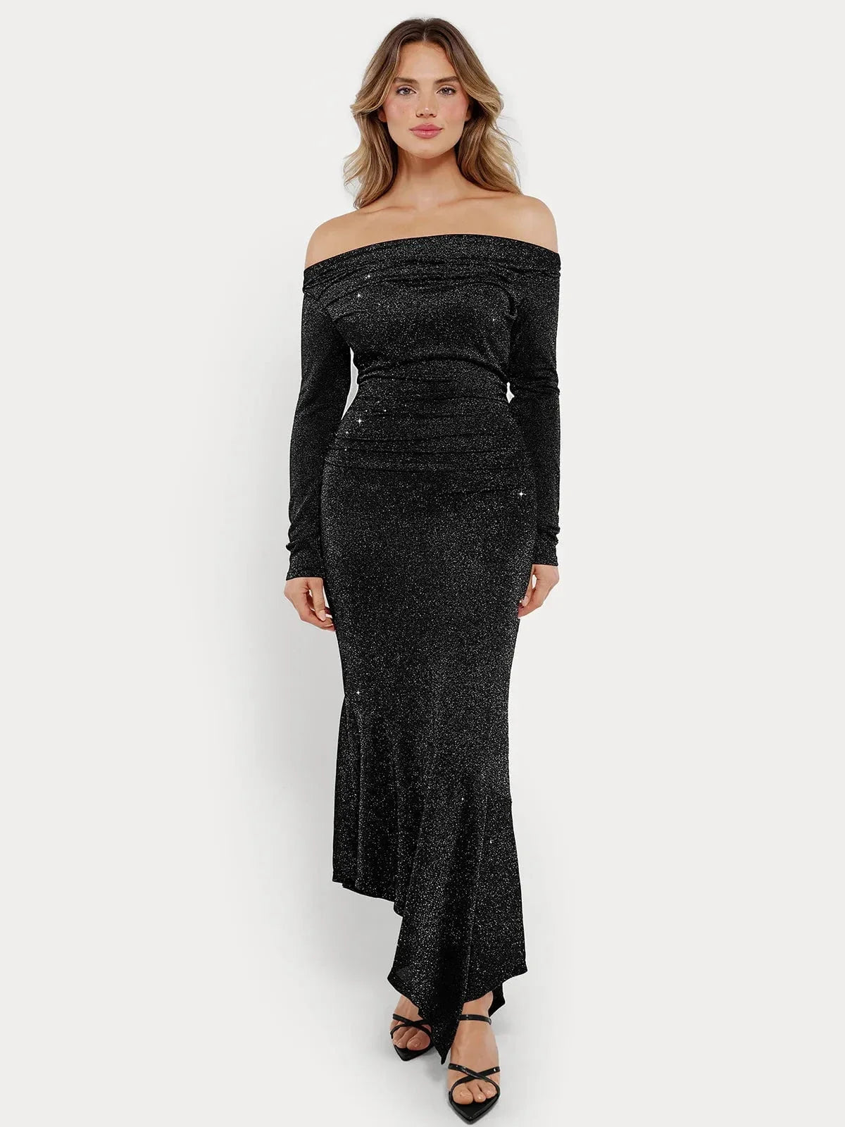 Shapewear Metallic Knit Long Sleeve Slim Mermaid Maxi Dress
