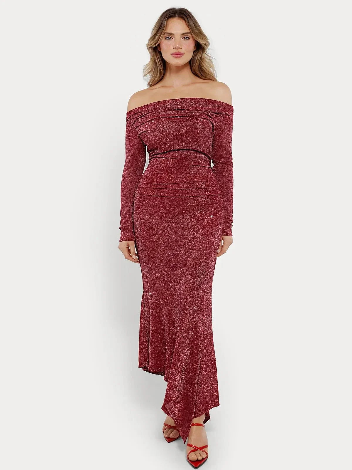 Shapewear Metallic Knit Long Sleeve Slim Mermaid Maxi Dress