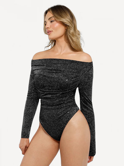Shapewear Metallic Knit Long Sleeve Slimming Bodysuit
