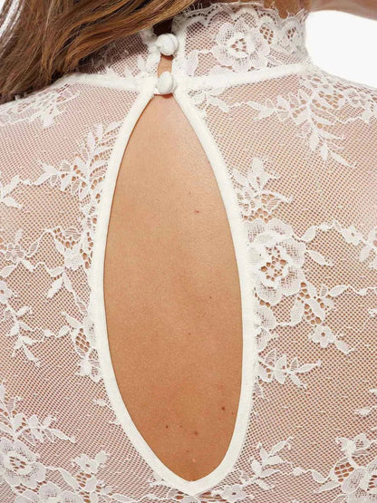 Shapewear Mock Neck Long Sleeve Floral Lace Bodysuit