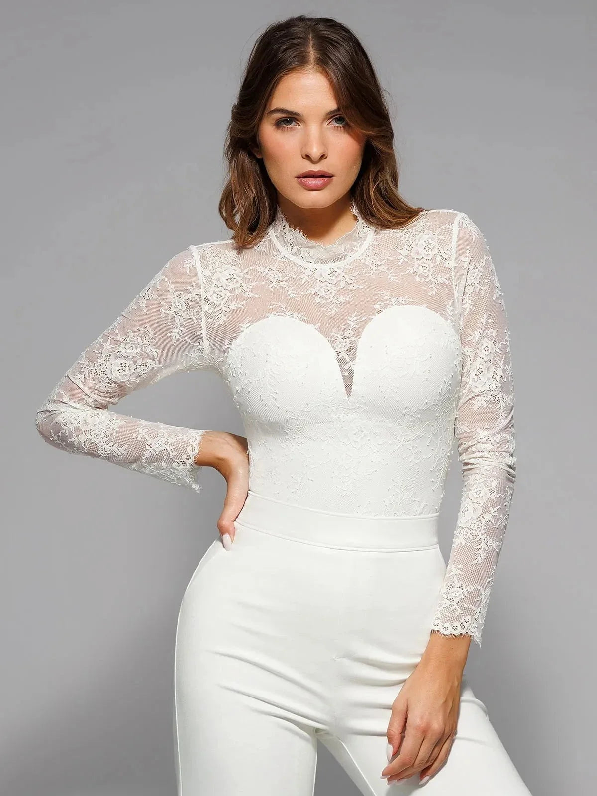 Shapewear Mock Neck Long Sleeve Floral Lace Bodysuit