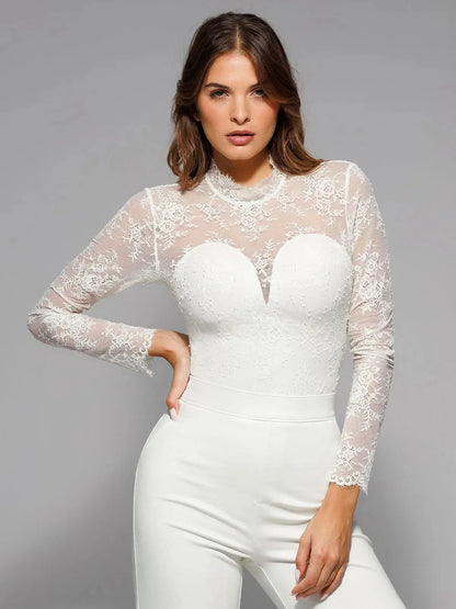 Shapewear Mock Neck Long Sleeve Floral Lace Bodysuit