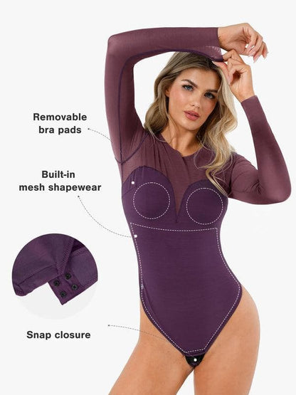 Shapewear Mock Neck Long Sleeve Floral Lace Bodysuit