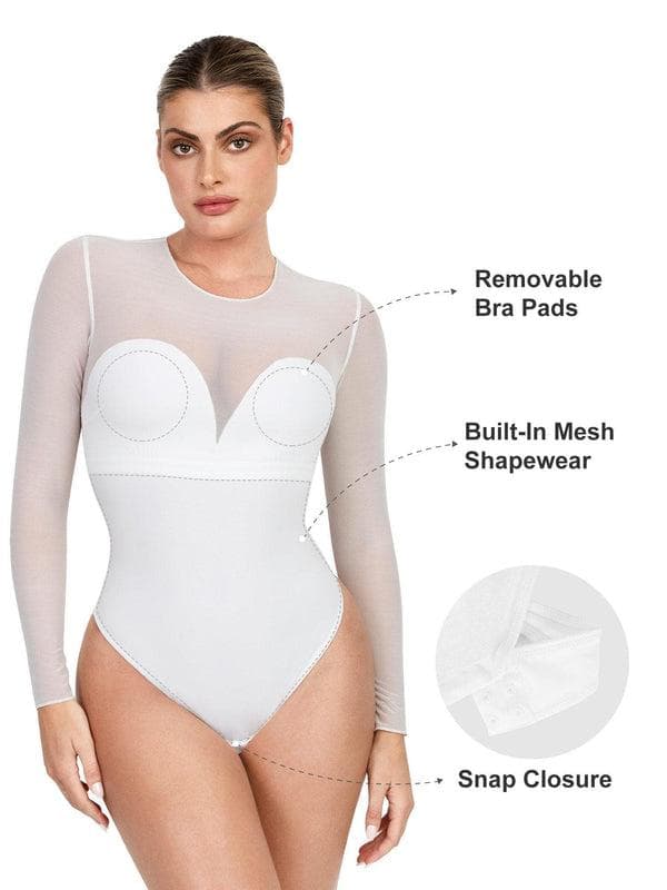 Shapewear Mock Neck Long Sleeve Floral Lace Bodysuit