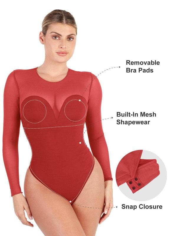 Shapewear Mock Neck Long Sleeve Floral Lace Bodysuit