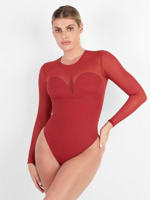 Shapewear Mock Neck Long Sleeve Floral Lace Bodysuit