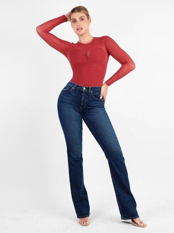 Shapewear Mock Neck Long Sleeve Floral Lace Bodysuit