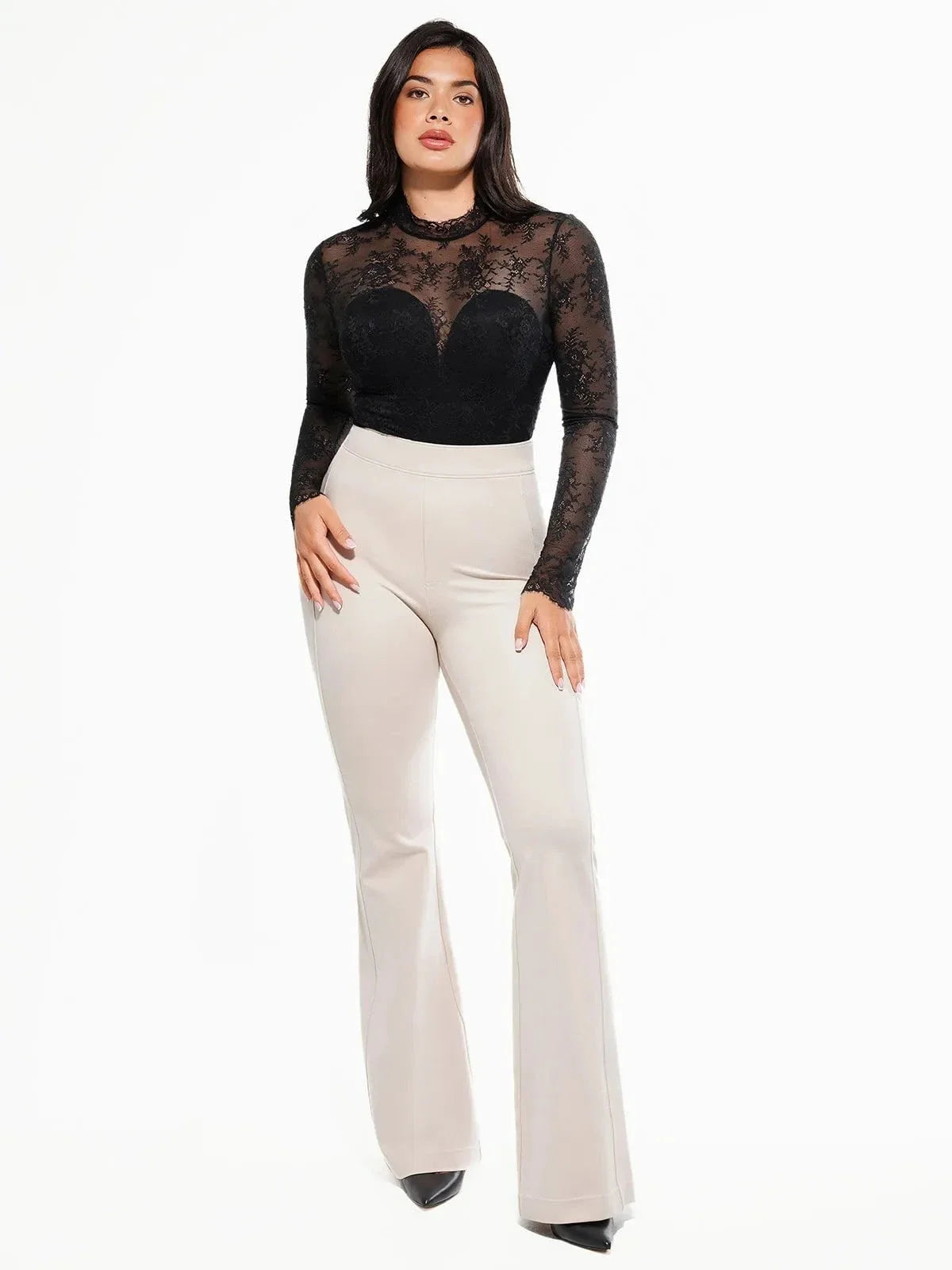 Shapewear Mock Neck Long Sleeve Floral Lace Bodysuit