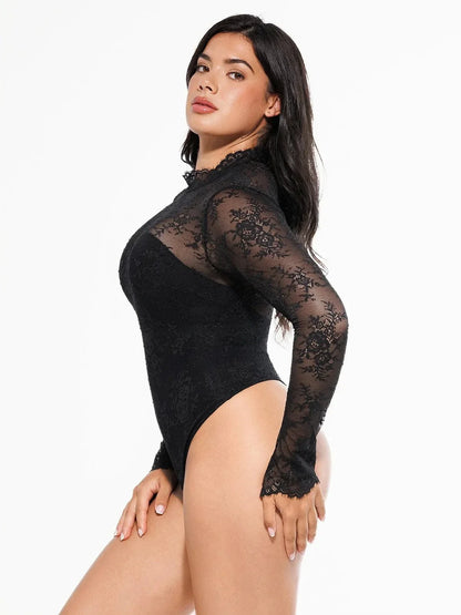 Shapewear Mock Neck Long Sleeve Floral Lace Bodysuit