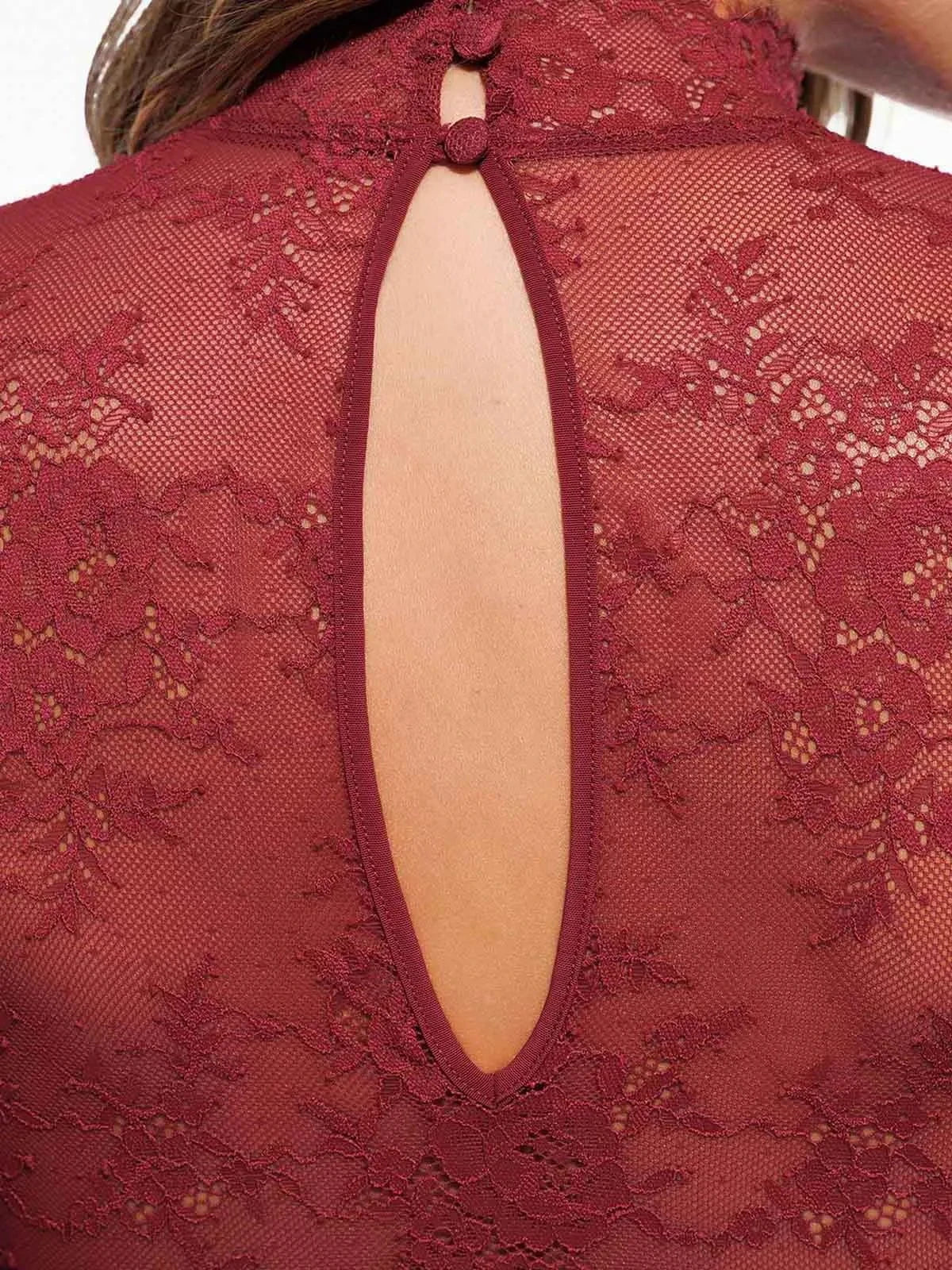 Shapewear Mock Neck Long Sleeve Floral Lace Bodysuit