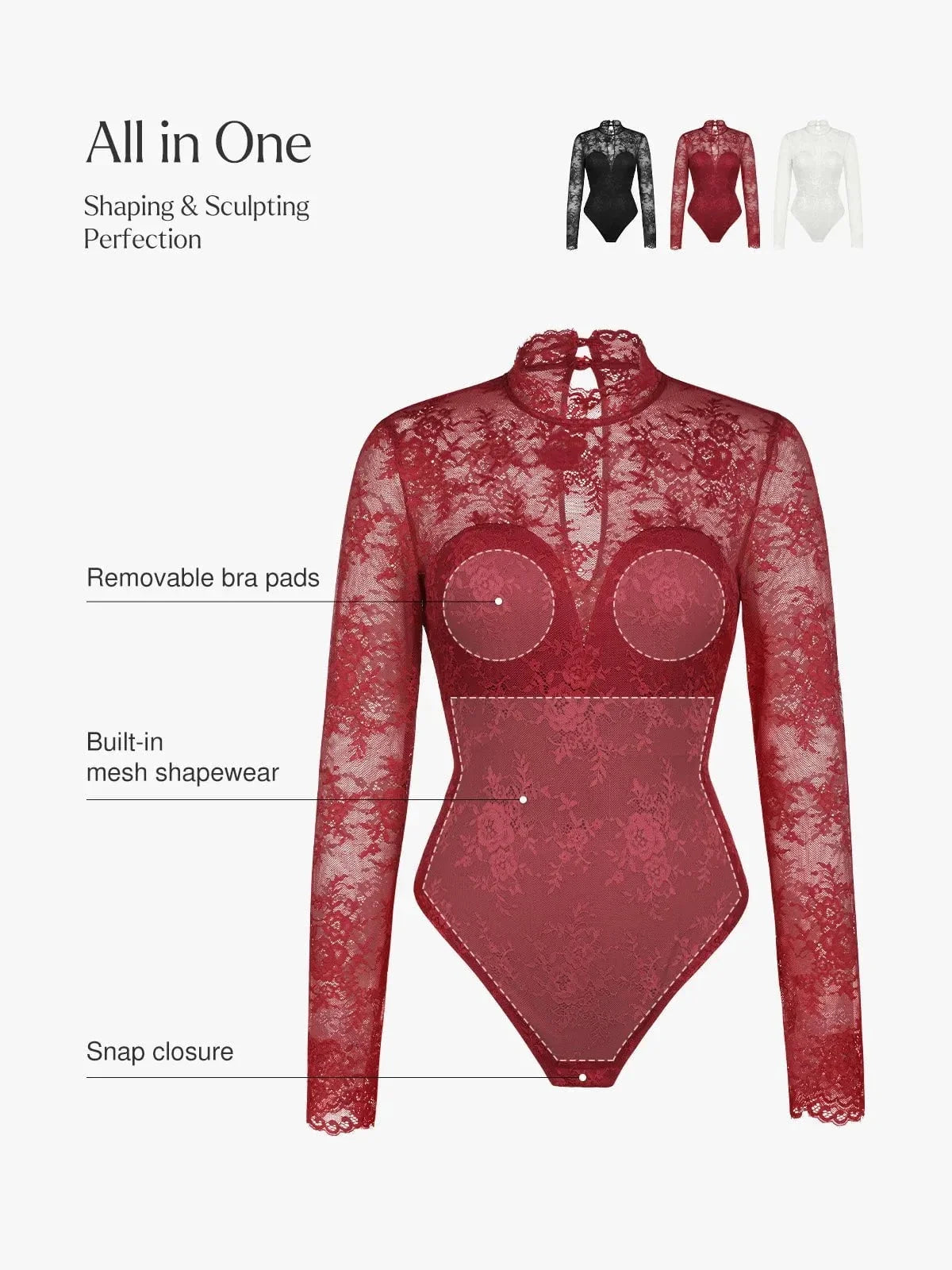 Shapewear Mock Neck Long Sleeve Floral Lace Bodysuit