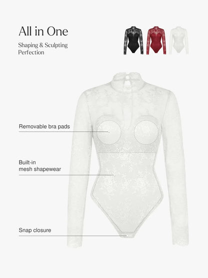 Shapewear Mock Neck Long Sleeve Floral Lace Bodysuit